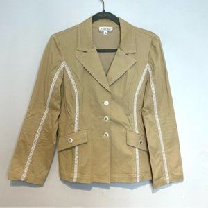 ST JOHN NOTCHED LAPEL SINGLE BREASTED TAN BEIGE BLAZER CROCHET LACE ACCENT S